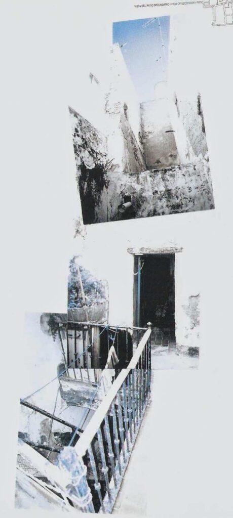 Lámina con dos fotografías en blanco y negro de una calle y una escalera exterior.