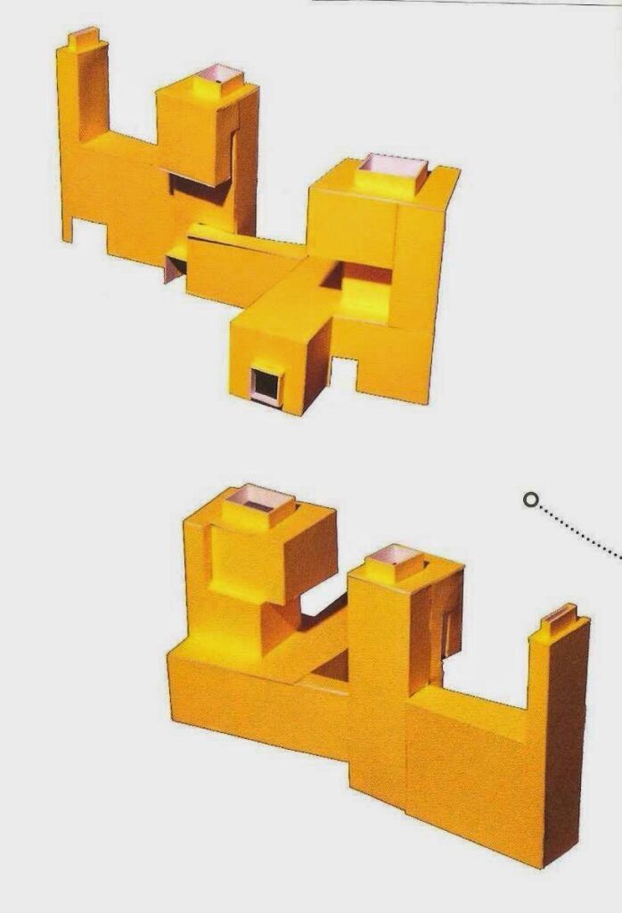 Maqueta amarilla de volúmenes y espacios vacíos entre edificios.