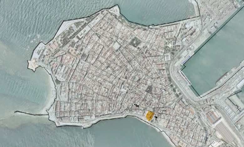 Plano de Cádiz con dos emplazamientos señalados junto a la catedral.