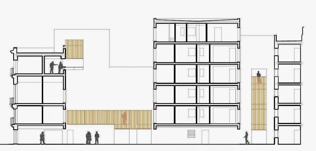 Sección arquitectónica de varias plantas y su relación con la calle.