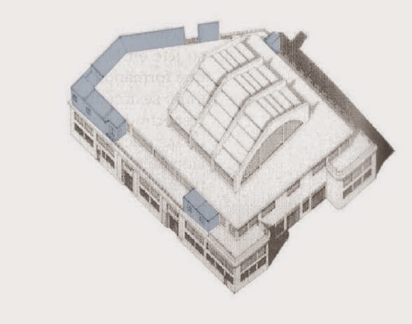 Maqueta blanca de un edificio de planta poligonal.