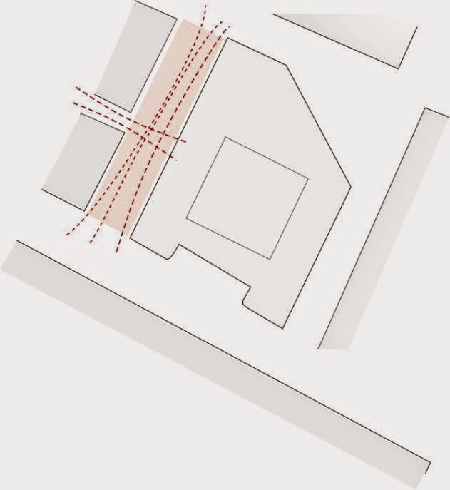 Plano esquemático de un recinto poligonal y su entorno viario.
