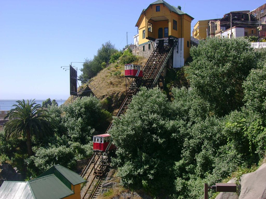 Ascensor inclinado sobre una ladera con edificios en la parte superior.