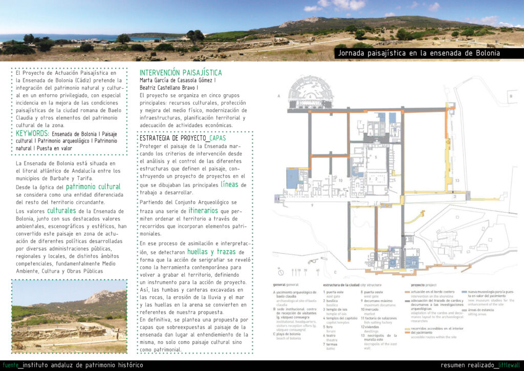 Panel informativo sobre el paisaje de la ensenada con textos y dibujo arquitectónico.