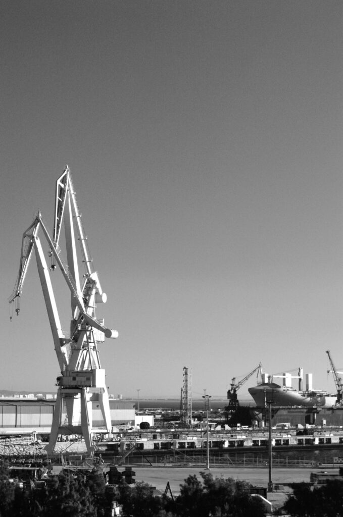 Grúas portuarias fotografiadas en blanco y negro junto al agua.