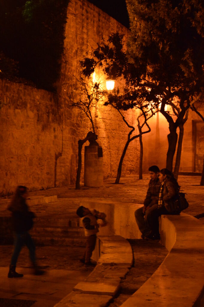 Personas junto a árboles iluminados en una calle nocturna.