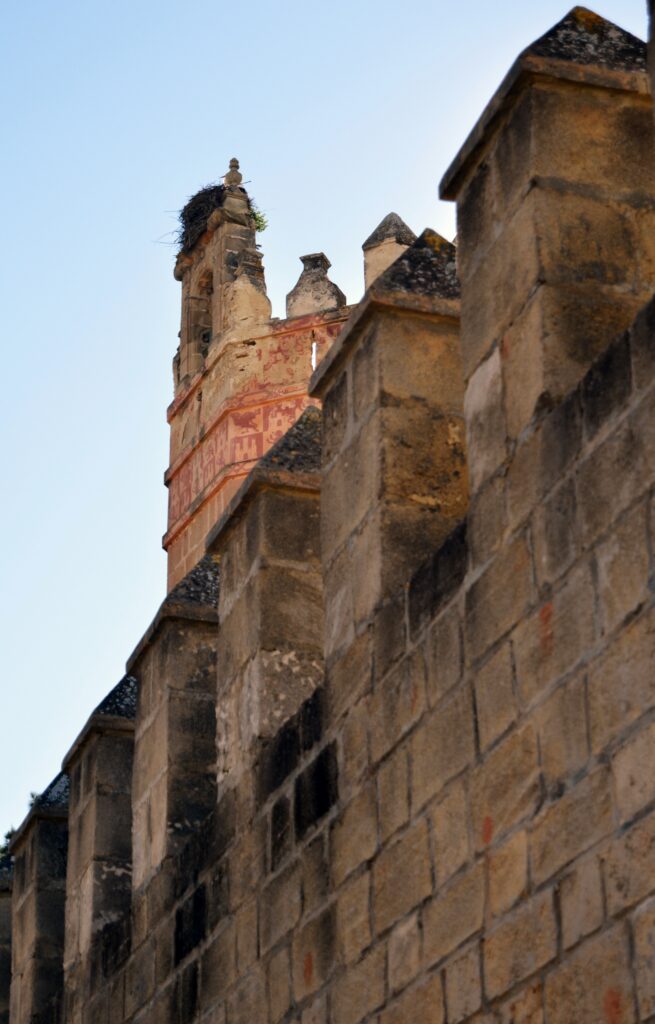 Detalle de almenas y remates de una fachada histórica.