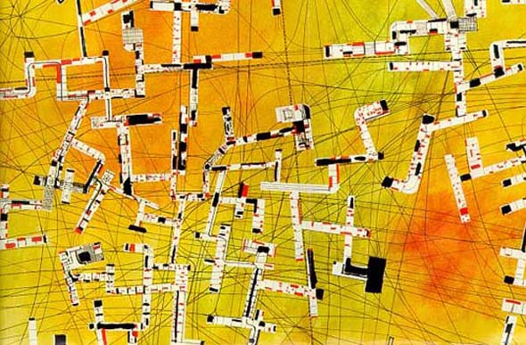 Mapa situacionista en tonos amarillos y naranjas.
