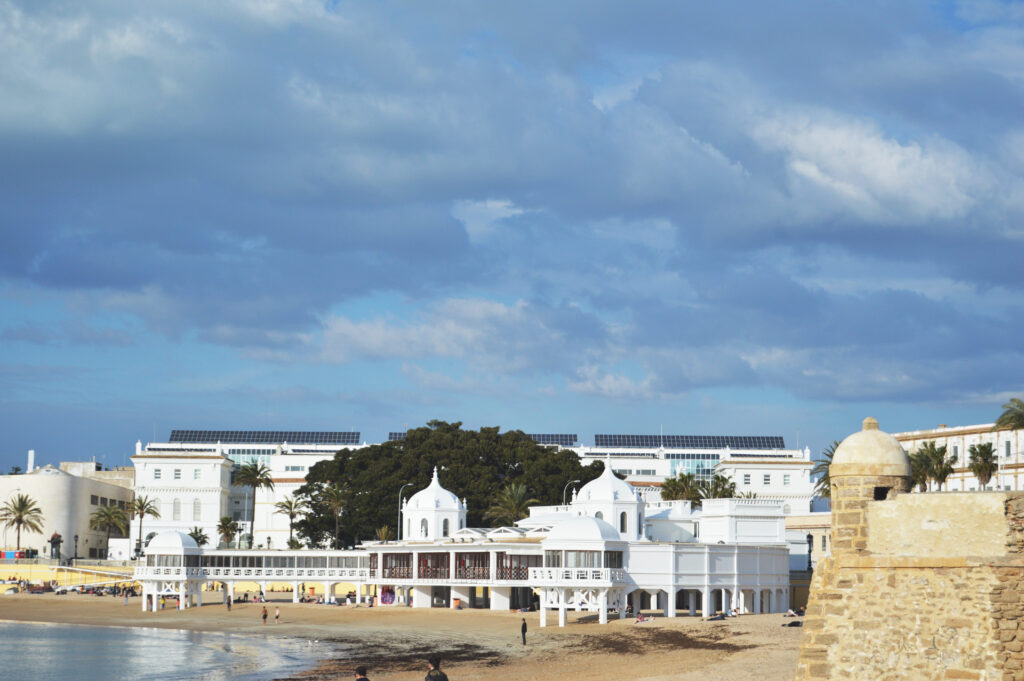 Casas blancas y vegetación junto al mar bajo un cielo nublado.