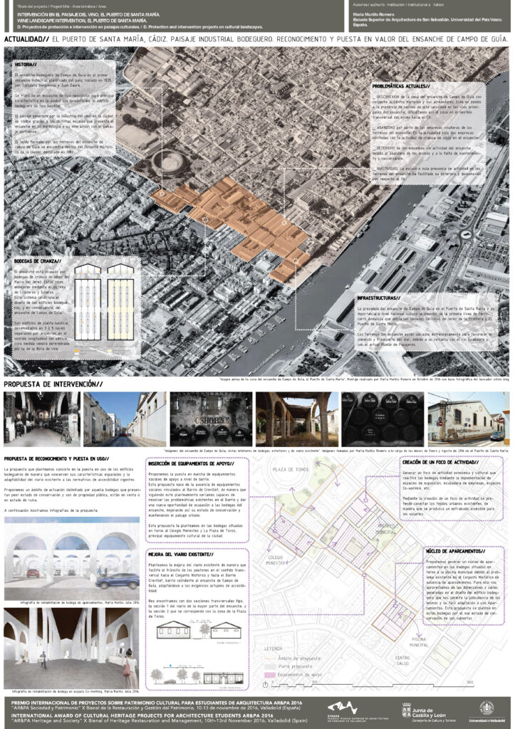 Panel expositivo con texto, fotografía de paisaje y planos arquitectónicos.