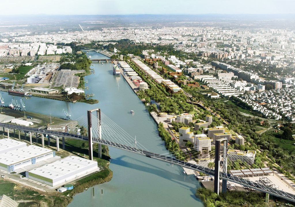 Vista aérea del entorno del río Guadalquivir y del área portuaria de Sevilla.