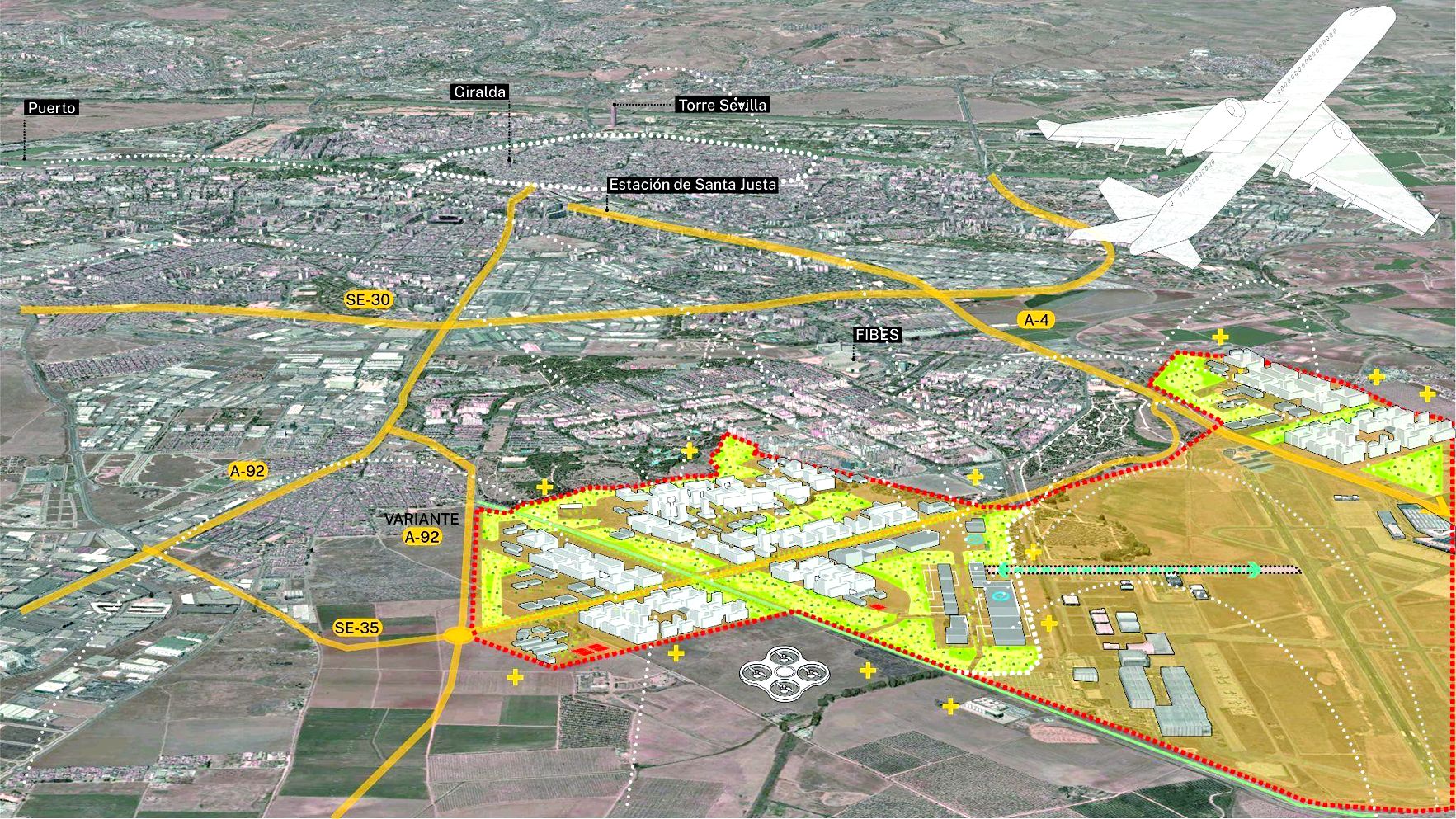 Vista territorial del ámbito de Santa Bárbara y sus conexiones con Sevilla y el área metropolitana.