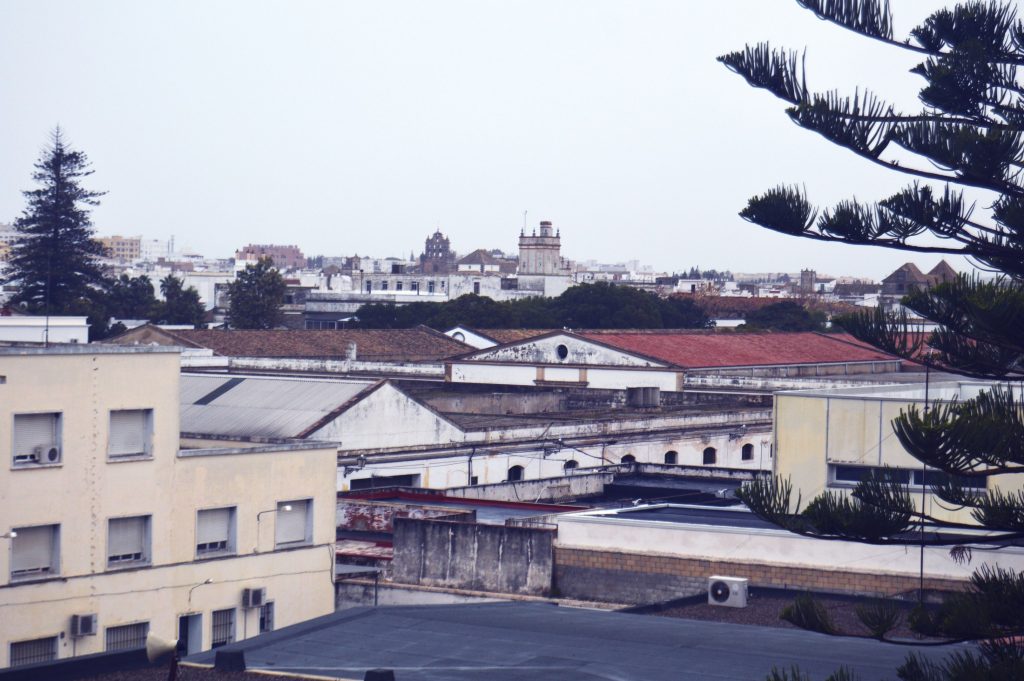 Vista urbana de las bodegas y del paisaje del vino en El Puerto de Santa María.